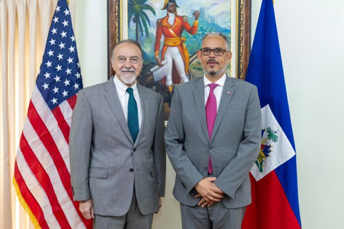 Henry Wooster, US ambassador, and Haiti PM Didier Fils-aime