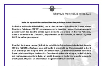 PNH – Note de sympathie aux familles des policiers tués à Liancourt